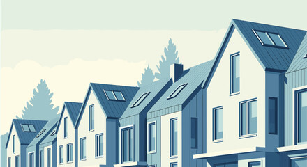 Modern suburban homes in a row under a bright sky, showcasing clean lines and contemporary architecture for real estate marketing