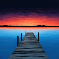 Fototapeta premium Serene Lake Sunset with Wooden Pier and Vibrant Orange and Purple Sky Reflection