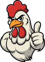Strong cartoon chicken mascot giving thumbs up with confident smile, powerful muscular poultry character illustration, cad drawing flat vector illustration design artwork