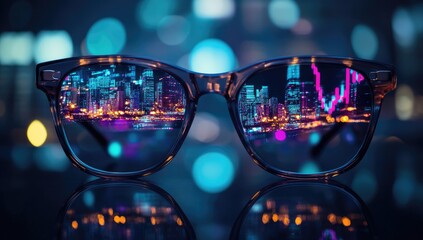 Cityscape reflected in eyeglasses, illuminated by night lights, with financial charts visible within lenses