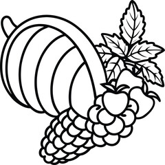 Cornucopia Outline with Grapes Apples Pears and Leaves for Coloring Pages