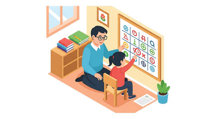 Man teaching child at home, representing homeschooling or family learning.