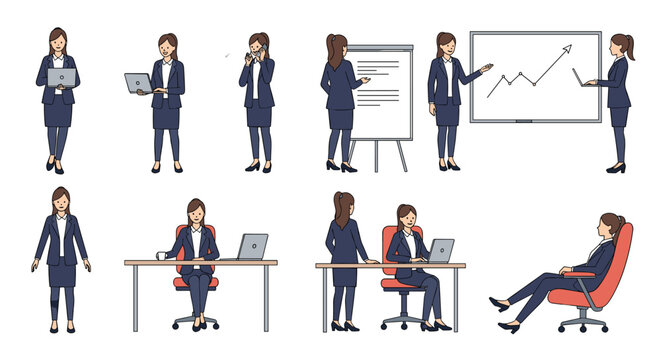 Professional businesswomen in various work scenarios demonstrating corporate activities and teamwork in an office environment