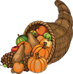 Cornucopia illustration filled with autumn harvest fruits and vegetables on white background