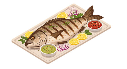 Cooked whole fish with garnish, presented on decorative platter.