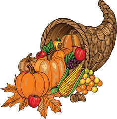 Hand Drawn Thanksgiving Cornucopia with Pumpkins Fruits and Autumn Leaves