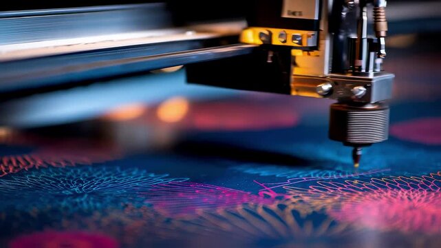 Close up of an industrial embroidery machine creating a vibrant floral design on dark blue fabric, showcasing the precision and artistry of automated textile production