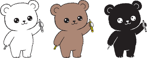 Cute Bear Holding Pencil. Happy Lefthanders Day