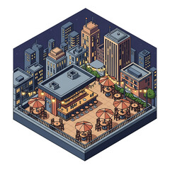 Futuristic cityscape in isometric style, representing technology and modern urban planning.