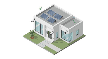 Modern smart home with solar panels and security cameras, showcasing eco-friendly technology and advanced automation for enhanced living.