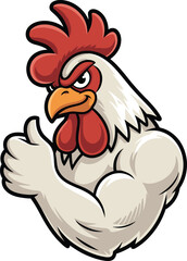 Muscular cartoon rooster mascot character with big biceps, giving thumbs up, strong confident chicken illustration, cad drawing flat vector illustration logo