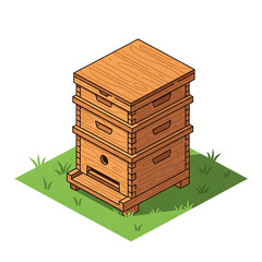 Stacked beehive boxes on green grass, representing honey production.