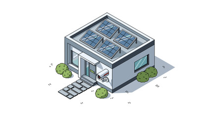 Modern home with solar panels and security camera offers sustainable and safe living solutions