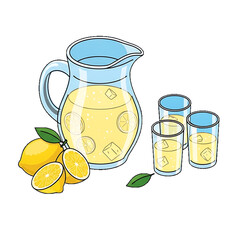 Lemonade jug and glasses, refreshing summer beverage.