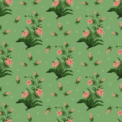 Seamless floral pattern with blooming pink flowers and green leaves on a dotted green background. Soft, natural look ideal for fabric, wrapping paper, wallpaper, and spring-themed design.