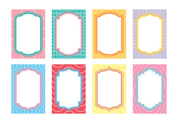 Colorful Retro Label Frames Set. Editable Vector Templates with Wavy and Geometric Background Patterns for Tags, Packaging, or Cards.