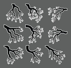 Black branching tree limbs and roots silhouette set vector