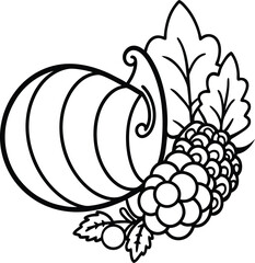 Autumn Harvest Still Life Outline with Pumpkin Grapes and Leaves Illustration