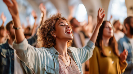 Radiant woman with beautiful curly hair expressing pure joy with raised arms in celebration under warm natural lighting, embodying freedom and happiness in outdoor festival atmosphere with copy space