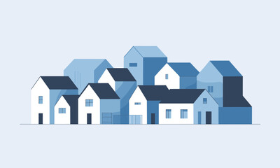 Fototapeta premium Charming suburban neighborhood with modern minimalist houses in varying blue and white tones creating a serene architectural landscape.