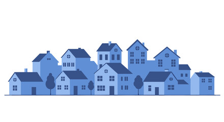 Charming blue neighborhood skyline with modern houses and trees, perfect for urban development concepts
