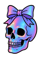 Vibrant holographic skull with cute bow  trendy aesthetic art design