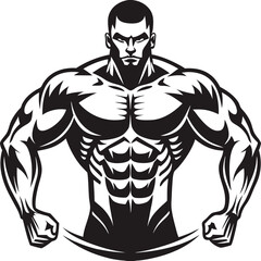 Powerful Bodybuilder Illustration Embodying Strength Black and White Detailed Muscular Physique Design