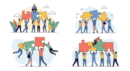 Teamwork collaboration people assembling jigsaw puzzle pieces together to achieve success and goals