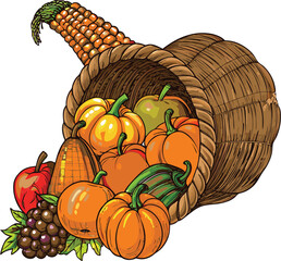 Hand drawn cornucopia with autumn harvest fruits and vegetables illustration