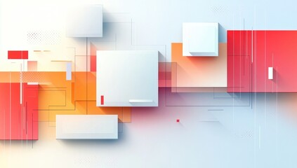 Abstract geometric shapes in vibrant colors.  Layered squares and rectangles in white, orange, and red, overlaid with subtle shadows and lines.  Modern and dynamic design