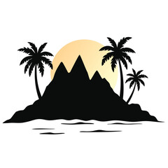 Tropical island silhouette with palm trees and sun ocean
