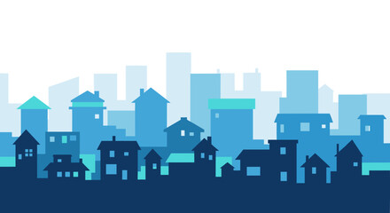 Modern cityscape silhouette in calming blue tones, representing urban life and community spirit