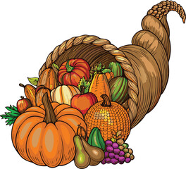 Cornucopia Filled with Autumn Harvest Fruits and Vegetables Illustration