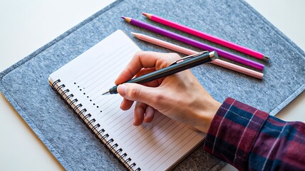 Person writing notes in spiral notebook with pencils on desk in study or office setting
