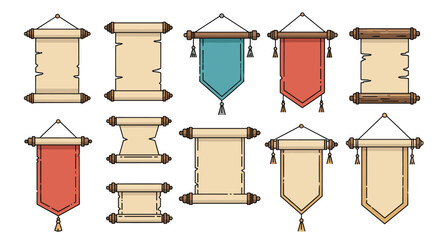Collection of decorative hanging banners and scrolls for graphic design projects and presentations