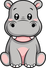 Cute cartoon baby hippopotamus sitting with a smile, pink cheeks and big eyes, adorable animal character, cad drawing flat vector illustration artwork