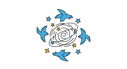 Whimsical birds circle swirling stars cosmic galaxy design abstract art featuring blue fowl and golden celestial elements