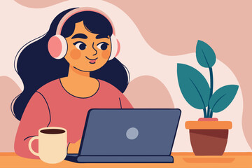 Kobieta w słuchawkach pracująca przy laptopie w domu. Koncepcja pracy zdalnej, e-learningu i komfortu.