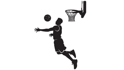 Black silhouette of basketball player throwing ball into hoop, isolated vector