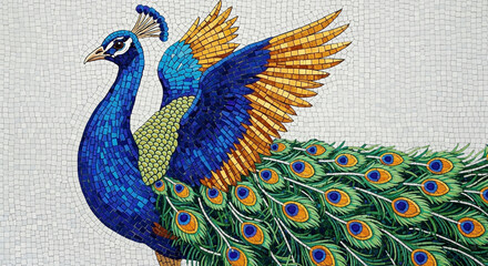 Vibrant Peacock Mosaic Art with Blue, Green, and Gold Tiles