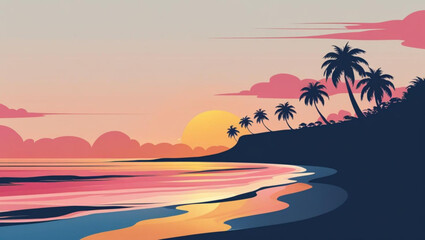 Beautiful Tropical Coastline Sunset with Palm Tree Silhouettes