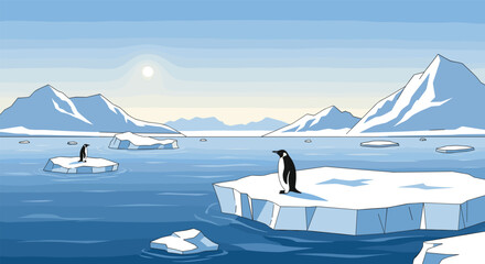 Majestic antarctic scene with penguins standing on ice floes in the ocean under a clear sky