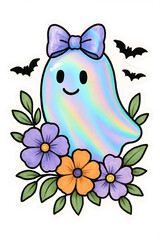 Cute holographic ghost  purple bow  flowers  bats  whimsical Halloween art