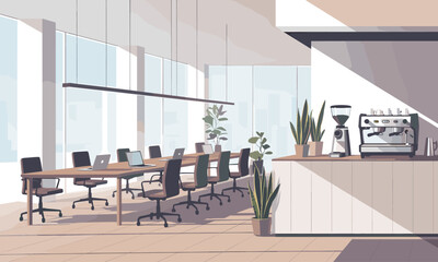 Modern office meeting room with city view, laptops on table, and coffee station ready for productive collaboration