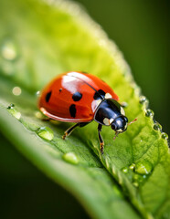 Fototapeta premium Close-up of a ladybug with black spots on a green leaf, surrounded by dew drops. Perfect for nature, insects, garden, and macro photography themes.