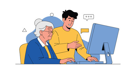 Elderly person learning computer skills with younger tutor assistance and digital education