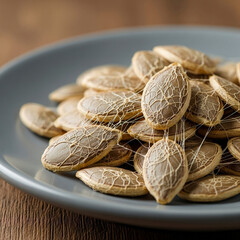 Close-up of Roasted Pumpkin Seeds with Fibers on a Plate
