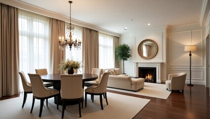 Fototapeta premium Elegant dining and living room with a fireplace plush seating and a round table creating a sophisticated and inviting ambiance