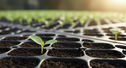 Young Seedling Sprouting in a Seed Tray in a Greenhouse