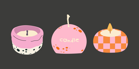 Decorative aromatic retro candles of various shapes for cozy interior. Vintage wax candles in cartoon groovy style. Relaxation and aromatherapy design elements. Hygge decor element